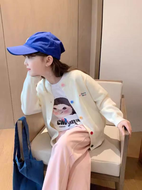 ニットカーディガン 女の子 キッズ 子供服 長袖 薄手 ショート丈 ラウンドネック 無地 かわいい コットン 羽織りもの 春秋 ピンク系 白 90 100 110 120 130 140 150 160