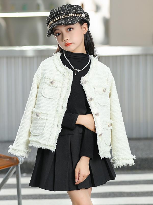 子供服 ジャケット 女の子 カーディガン 春秋 無地 法式 かわいい おしゃれ ミドル キッズ アウター トップス 羽織り ポリエステル ミルクホワイト ブラック 130 140 150 160 170