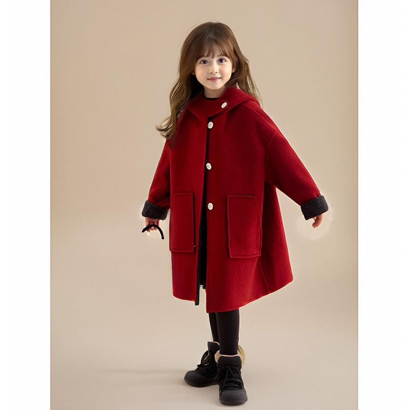 子供服 女の子向け コート 冬物 立襟 ウール ロングコート 厚手 リバーシブル ブラック & レッド 無地 120 130 140 150 160 170 防寒 普段使い