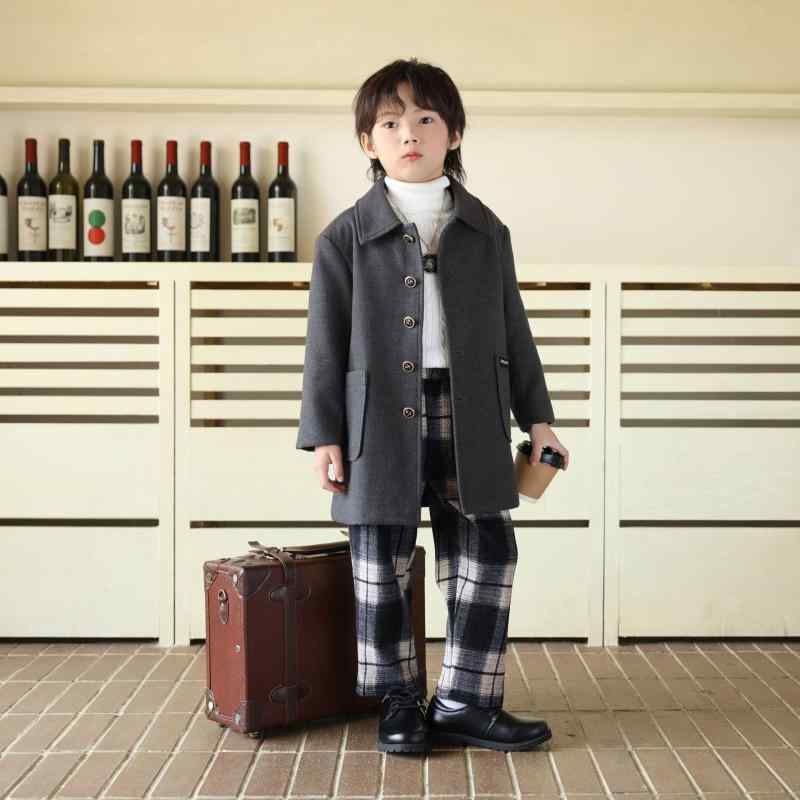 子供服 大衣 男の子 ダブルブレスト ウール 中長丈 アウター 翻襟 無地 灰色 90cm 100cm 110cm 120cm 130cm 140cm 150cm 160cm 普段使い
