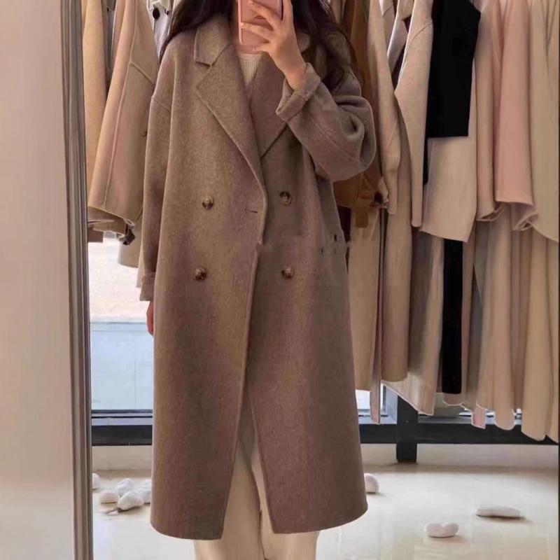 コート レディース 秋冬 ウール 羊毛 カシミヤ ブレンド ダブルフェイス ミドル丈 ゆったりめ Aライン ブラック 黒 グレー キャメル ベージュ 上品 きれいめ エレガント オフィス 通勤