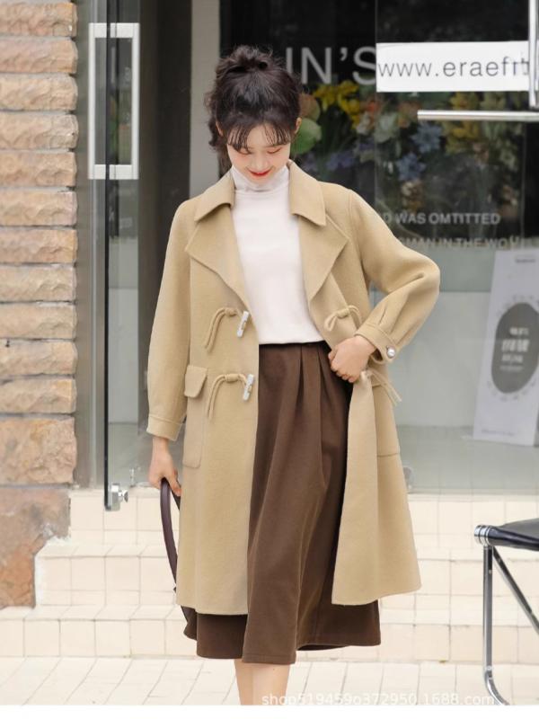 コート レディース 秋冬 ウール Vネック ロング丈 ダブルフェイス仕立て ゆったり 韓国風 かわいい グレージュ|イーマイショップ