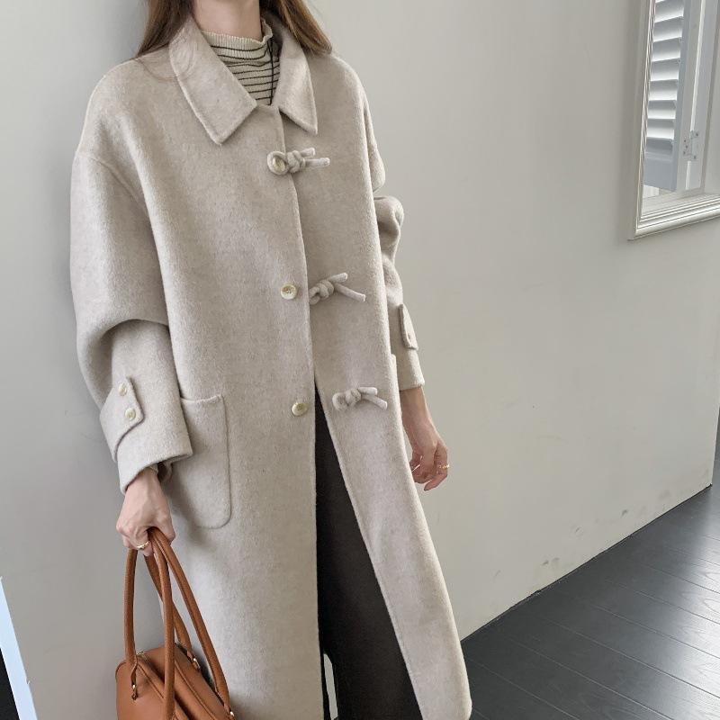 コート レディース ウール 秋冬 ダブルフェイス 羊毛 ゆったり カジュアル ドロップショルダー 膝下丈 厚手 あったか かわいい きれいめ 上品 無地 シンプル グレー