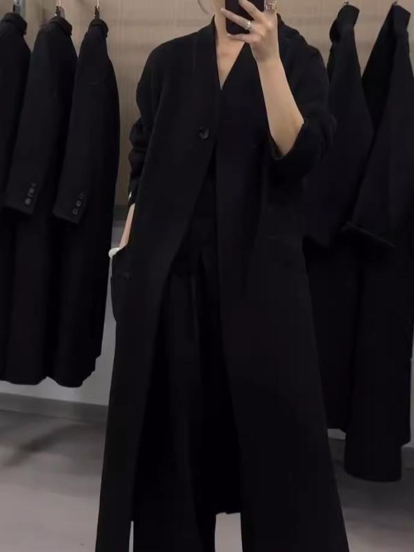コート レディース ウール ロング丈 秋冬 Vネック ゆったり 韓国風 カジュアル 暖かい アウター ベルト付き ベージュ ブラック グレー