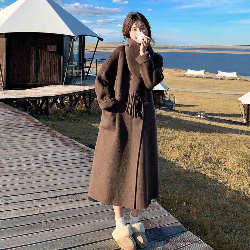 コート レディース 秋冬 ダブルフェイス 羊? ウール ロング丈 厚手 あったか スタイルアップ 無地 通勤 エレガント きれいめ 上品 高見え カフェオレ グレー｜イーマイショップ