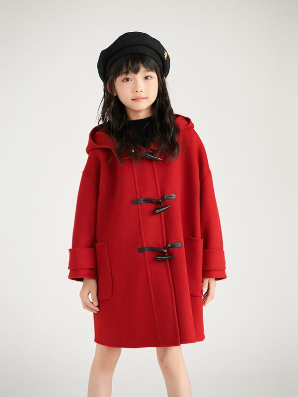 子供服 女の子 ウール コート 秋冬 ミドル丈 フード付き 大柄 チェック柄 裏地付き あったか かわいい おしゃれ アウター