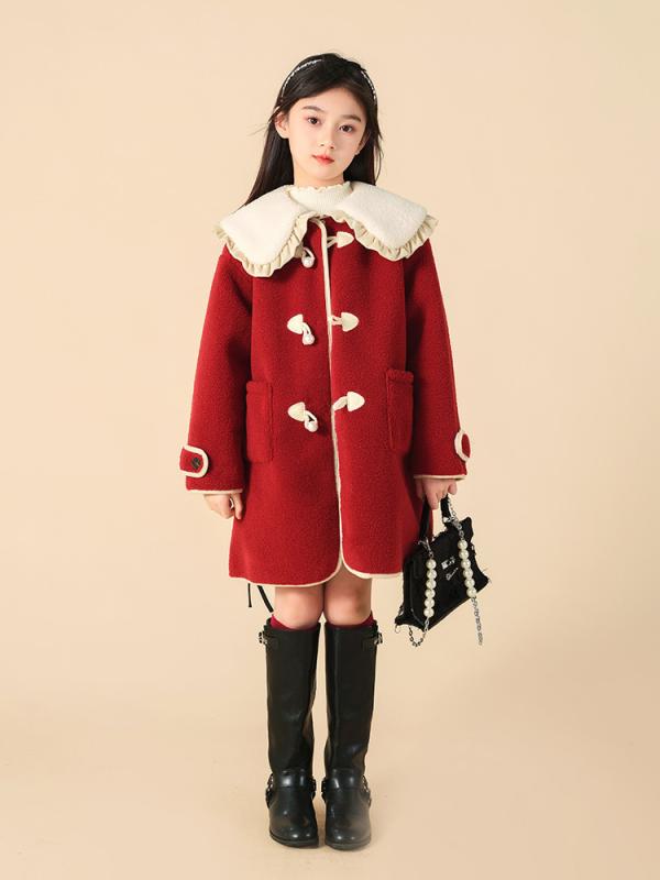 子供服 アウター 女の子 ボアコート 裏起毛 秋冬 韓国風 子供服 ピーコート Pコート ミドル丈 フード付き 130cm 140cm 150cm 160cm 170cm 175cm ポリエステル 無地 厚手 中大童 8歳以上 140cm以上 潮范 長袖