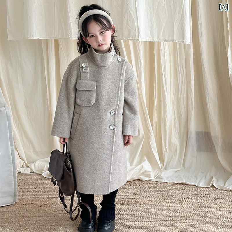 子供服 コート 女の子 ウールコート 秋冬 立襟 無地 ミドル丈 アウター 防寒 8歳 9歳 10歳 11歳 12歳 13歳 14歳 ベージュ ピンク ブラック|イーマイショップ