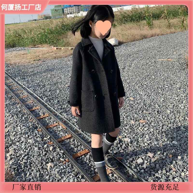 小わっぱ服 大衣 御嬢さん ダブルフェイスコート 絨毛 真っただ中丈 ロング丈 韓国風 無地 アウター 格好のいい 愛くるしい 通学着 普段着 黒いこと ベージュ 象牙色 キッズ・ベビー・マタニティ-コート・ジャケット