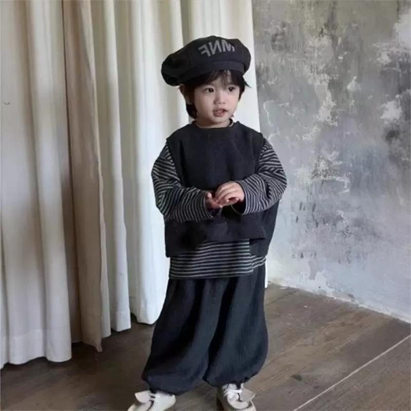 子供服 秋冬 ニットベスト パンツ 上下3点セット 韓国風 男の子 女の子 姉弟 普段着 部屋着 かわいい 伸縮性 柔らかい