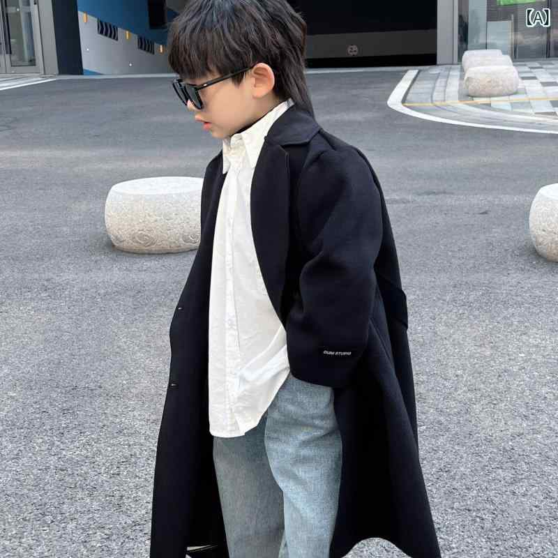 子供服 ジャケット 男の用 ウール コート 秋冬 韓国風 ミドル丈 アウター キッズ 男の子 おしゃれ ダブルフェイス 厚手 防寒 普段使い お出かけ ブラック|イーマイショップ