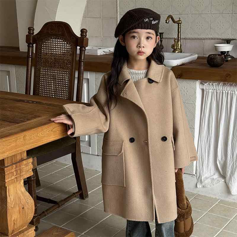 小わっぱ服 絨毛厚地の外套 男女兼用 ダブル人間の顔 テーラード アウター 韓国風 真っただ中丈 ゆったり 秋冬 無地 コート・ジャケット-キッズ・ベビー・マタニティ