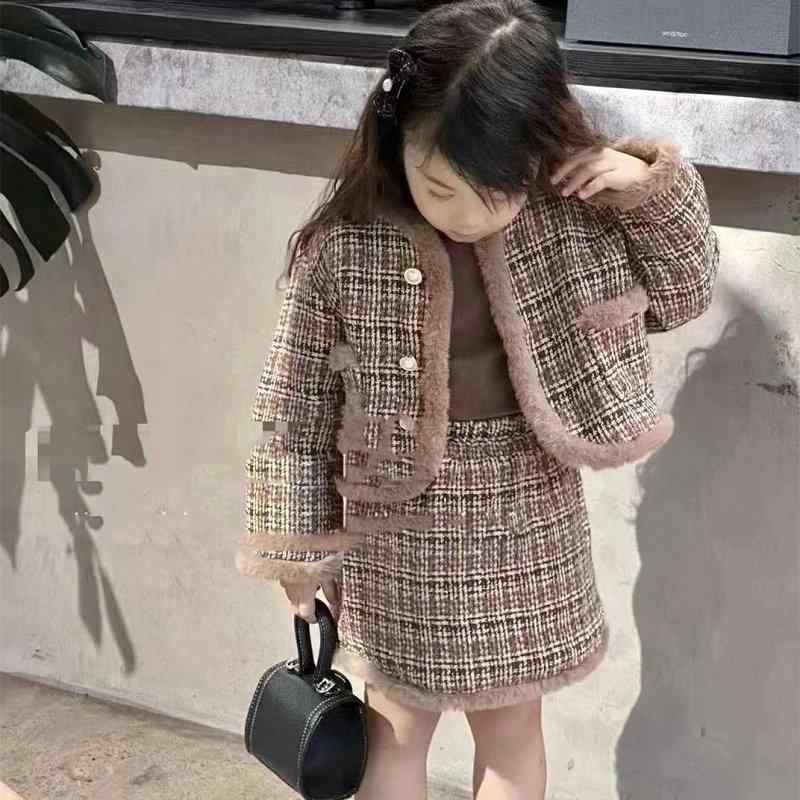 子供服 セットアップ 女の子 ツイード ジャケット & スカート 厚手 秋冬 チェック柄 コットン フォーマル セレモニー かわいい