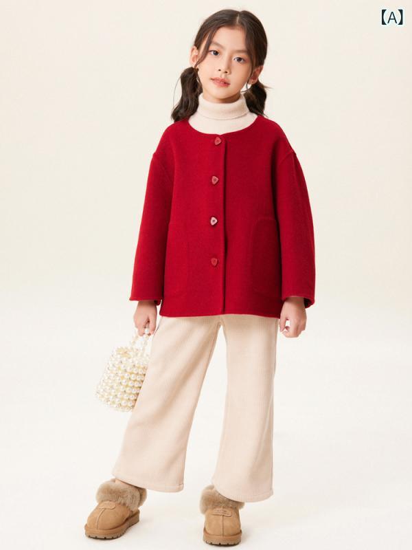 子供服 女の子 ウールコート 秋冬 ダブルフェイス ショート丈 アウター ラウンドネック 無地 かわいい アンゴラレッド ミルクホワイト ミラノキャメル 10,927円
