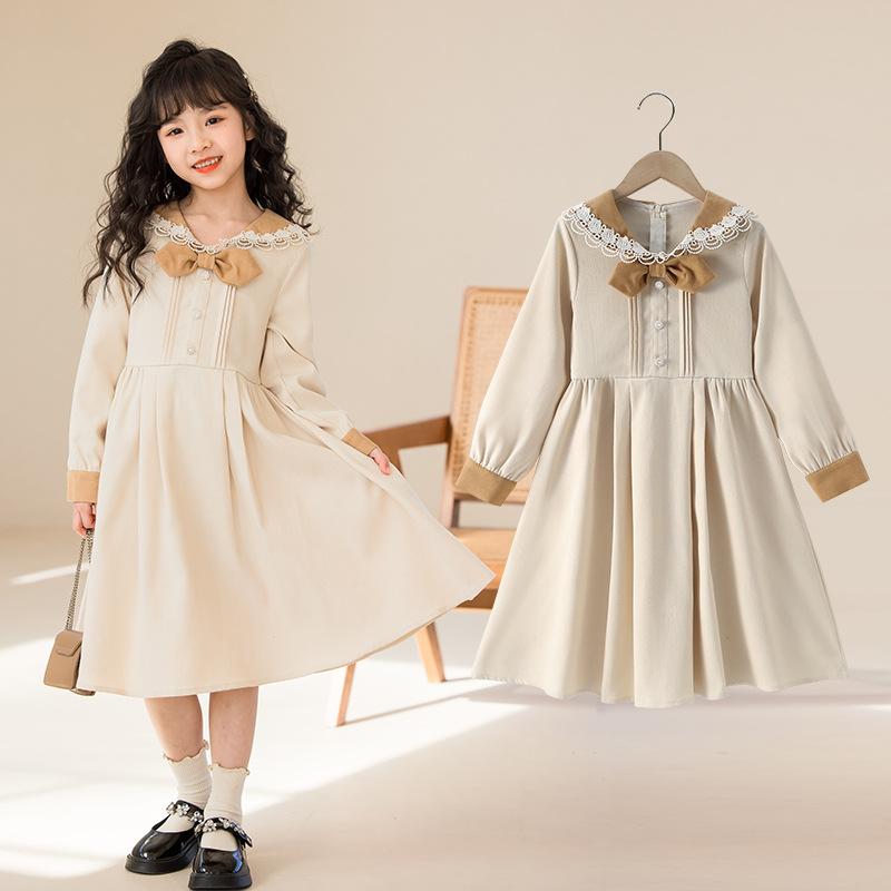 ワンピース キッズ 女の子 長袖 コーデュロイ 杏色 フリル 襟 リボン Aライン フレアスカート ギャザー 春秋 かわいい ガールズ 子供服 発表会 普段着