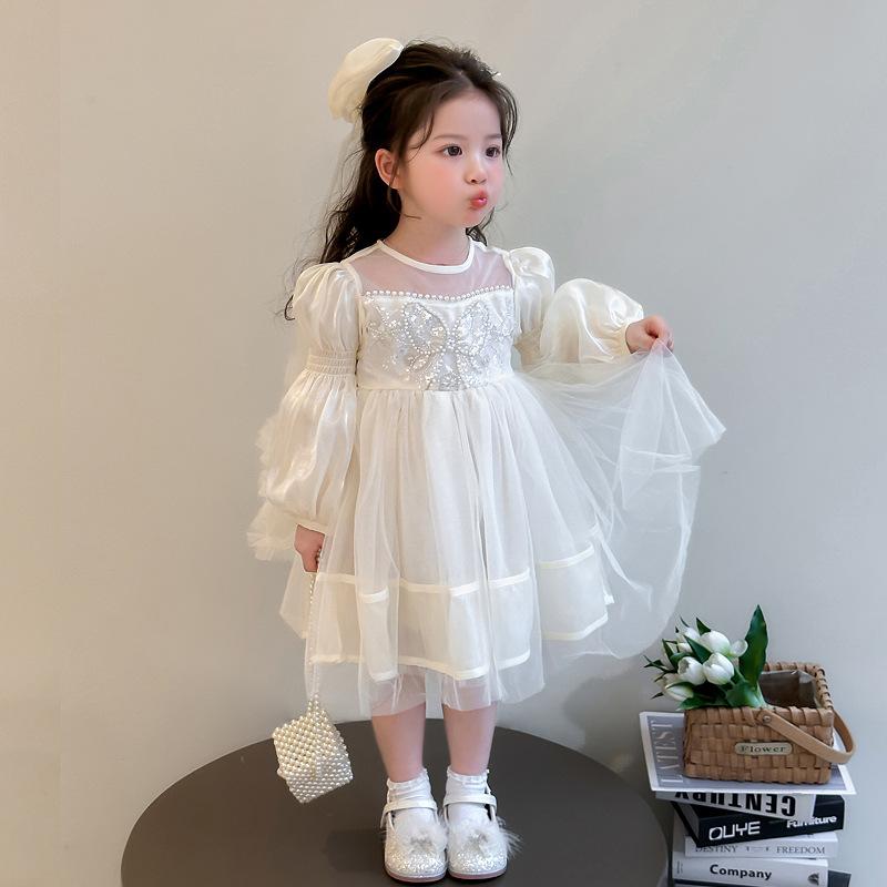 ワンピース 女の子 春秋 プリンセス チュールスカート 子供 妖精 かわいい 長袖 ミドル丈 Aライン おしゃれ ガーリー ピンク系 アイボリー 90 100 110 120 130 140 150