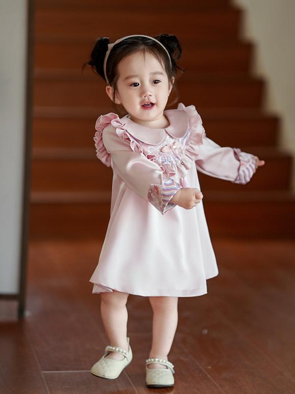 ワンピース キッズ 新中式 チャイナドレス 女の子 春秋 ベルベット A字 長袖 チュール 1歳 誕生日 結婚式 パーティー お呼ばれ 発表会 記念撮影 レトロ かわいい 80 90 100 110 120 130cm