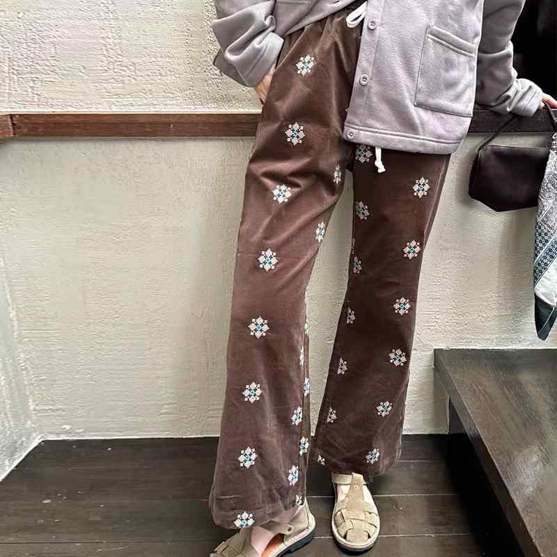 パンツ レディース 秋冬 コーデュロイ モザイク 刺繍 マイクロフレア 美脚 ロングパンツ 私服 名媛 高見え 快適 普段使い 松果褐