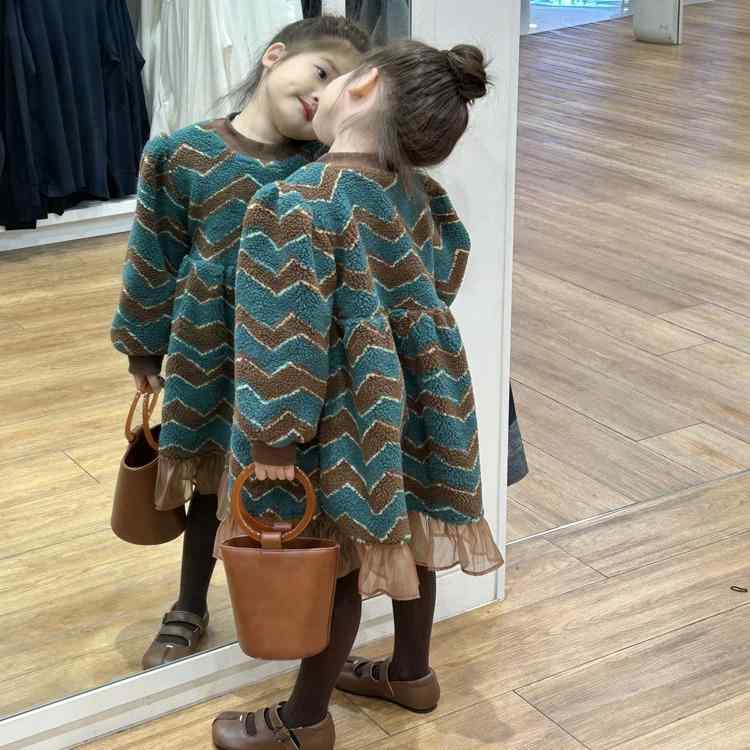 ワンピース キッズ 子供服 長袖 Aライン チュールスカート フリル ギャザー ベルベット ベロア 秋冬 裏地付き 暖かい 防寒 ストライプ 緑 グリーン 90cm 100cm 110cm 120cm 130cm 140cm