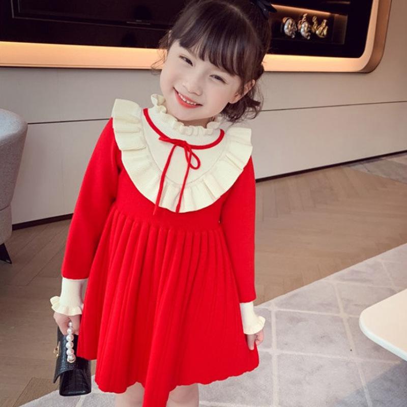 ワンピース キッズ 女の子 長袖 ニット プリンセス スカート 子供服 かわいい フリル Aライン コットン 秋冬 ピンク イエロー レッド