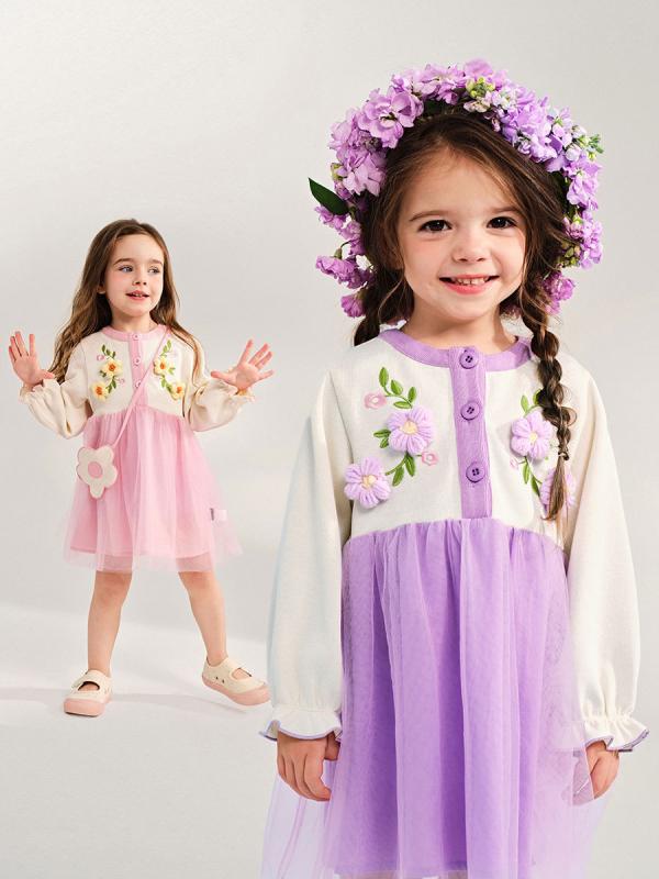 ワンピース 子供服 女の子 長袖 Aライン チュール 格子柄 花柄 かわいい 春秋 バッグ付き 80cm 90cm 100cm 110cm 120cm 130cm
