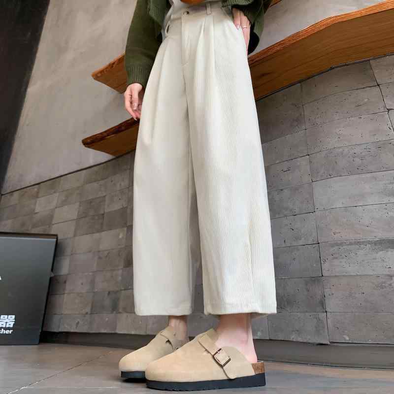 パンツ レディース 秋冬 コーデュロイ ワイドレッグ ハイウエスト ストレート ゆったり テーパード クロップドパンツ カジュアル 日韓スタイル ポリエステル スパンデックス 米白色 ブラック カーキ 薄手 裏起毛 S M L XL 2XL