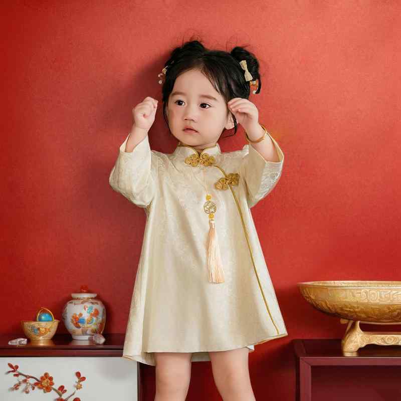 ワンピース 女児 子供服 チャイナドレス 春秋 長袖 中華風 レトロ Aライン プリンセス スカート 女の赤ちゃん 幼児 誕生日 結婚式 発表会 杏色