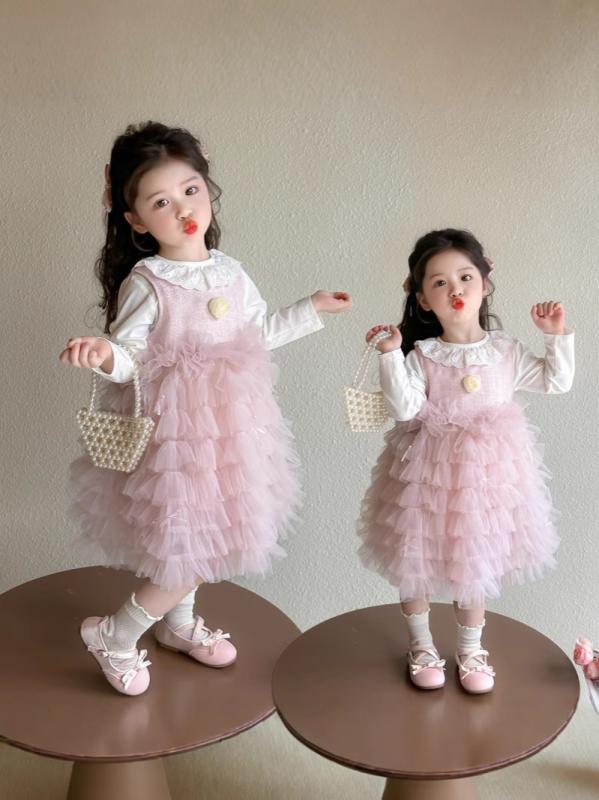 ワンピース 女の子 子供 チュールスカート プリンセスドレス フォーマル 発表会 結婚式 長袖 ポリエステル ピンク系 春秋 90cm 100cm 110cm 120cm 130cm 140cm