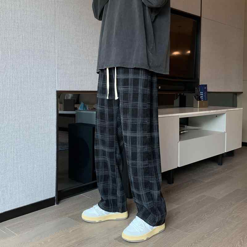 パンツ 男性用 コーデュロイ 格子柄 カジュアルパンツ ワイドレッグ ストレートパンツ ロングパンツ 春物 黒 ブラック カーキ