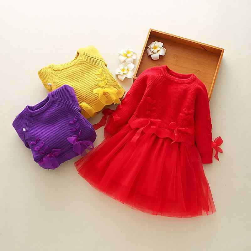 ワンピース 子供服 秋冬 女の子 ニット プリンセス 長袖 膝丈 無地 発表会 結婚式 パープル 赤 かわいい 伸縮性 暖かい 裏地付き 100 110 120 130 140 150