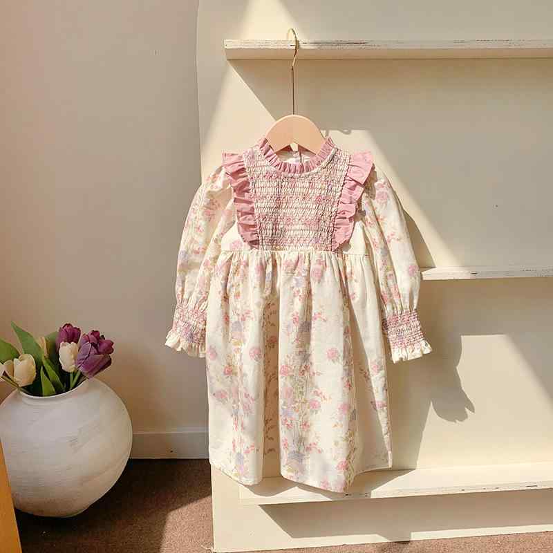 ワンピース 女児 長袖 フレンチフラワープリント Aライン 公主 かわいい キッズ 子供服 綿100% 発表会 演奏会 結婚式 パーティー 春秋
