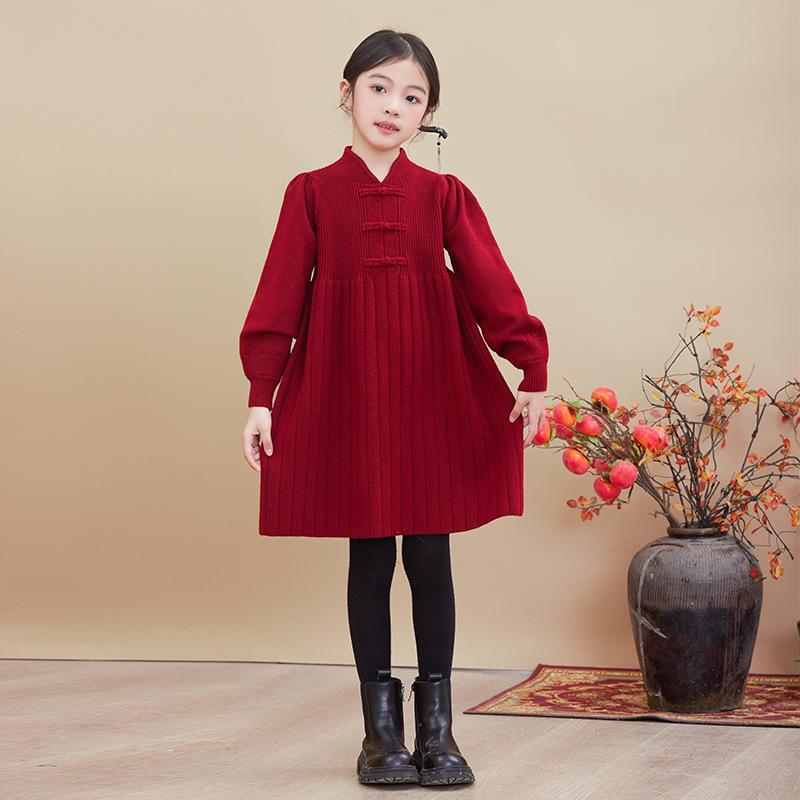 ワンピース キッズ 女の子 ニットワンピース 子供 中華風 チャイナドレス 盤扣 秋冬 裏起毛 Aライン 長袖 チュール 発表会 普段使い かわいい 120 130 140 150 160 赤 レッド