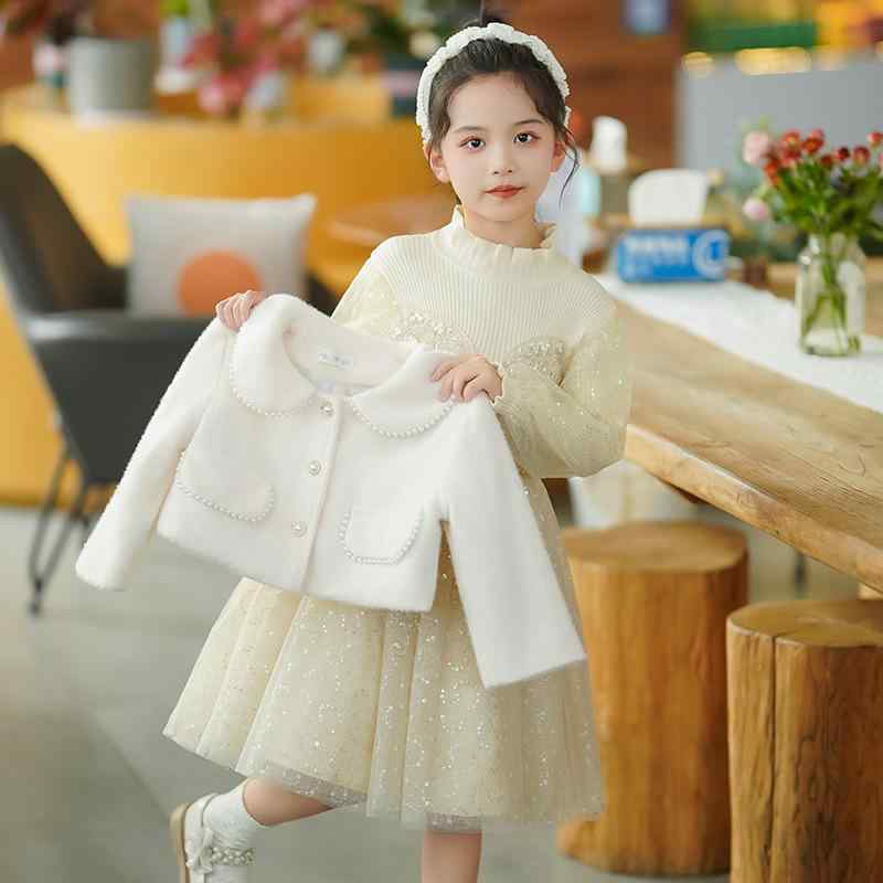 ワンピース キッズ 長袖 秋冬 子供服 女の子 プリンセス Aライン 膝丈 発表会 結婚式 パーティー ベージュ かわいい 上品 フォーマル