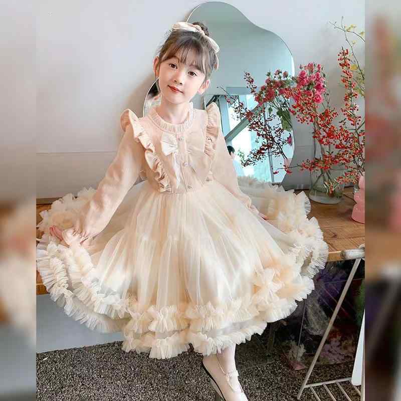 ワンピース 女の子 子供 チュール ケーキスカート プリンセスドレス 長袖 ポリエステル 杏色 赤色 ピンク系 秋冬