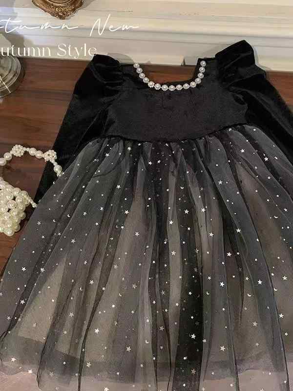 ワンピース 女の子 子供 小さな黒いドレス 長袖 プリンセスドレス チュールスカート B類 発表会 結婚式 パーティー 秋冬