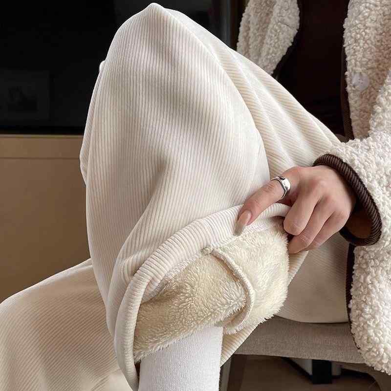 パンツ レディース 秋冬 裏起毛 あったか 防寒 リラックス コーデュロイ ワイドレッグパンツ S M L XL 2XL オフホワイト ポケット付き 綿90% 厚手 ゆったり ストレート カジュアル