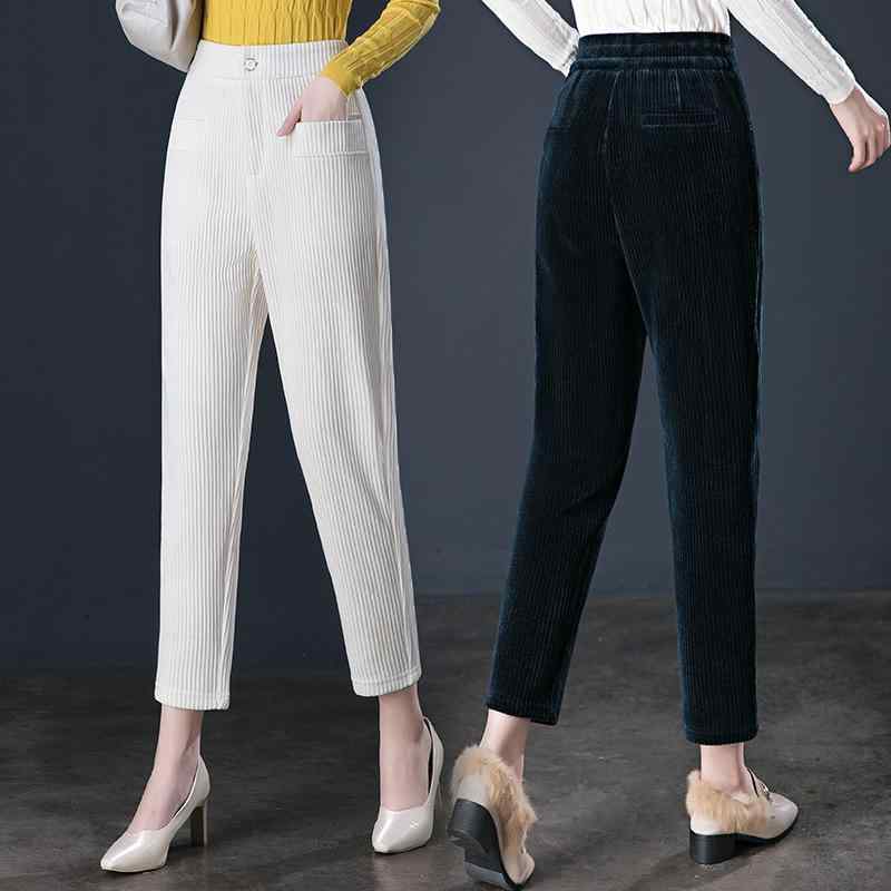 パンツ レディース コーデュロイパンツ ハーレムパンツ ゆったり ハイウエスト 美脚 9分丈 伸縮性 厚手 カジュアル ブラック コーヒー色 オフホワイト