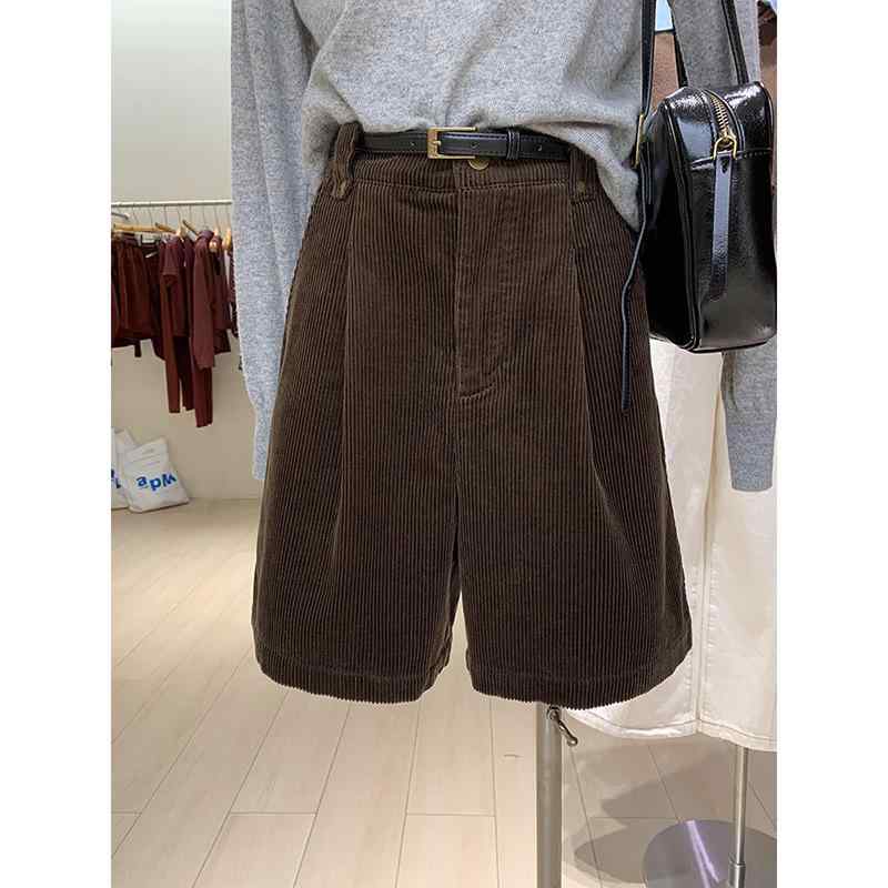 ショートパンツ レディース ゆったり コーデュロイ ハイウエスト 着痩せ 美脚 5分丈 カジュアル 文芸風 レトロ 秋冬 蔵青色 珈琲色 安可拉赤