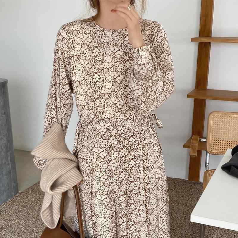 ワンピース 女性用 秋 フレンチ かわいい フラワープリント Aライン ロングスリーブ ラウンドネック ハイウエスト ドローストリング ベルト 韓国風 カジュアル 接触冷感 伸縮性 ポリエステル 混紡 ベージュ系 ブラウン系 日常使い 軽量