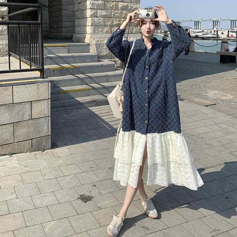 ワンピース レディース レース 切り替え デニム 提花 刺・墸 襟付き 長袖 ロング丈 ?松 ゆったり デニムブルー 紺 格子柄 春秋冬 通勤 オフィス きれいめ 上品 エレガント