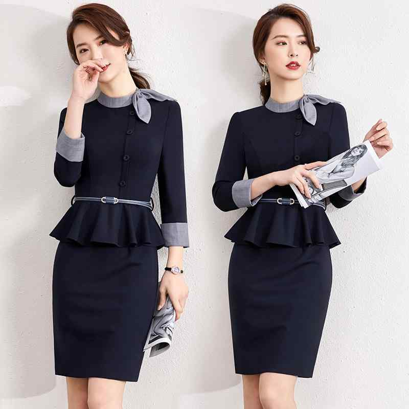 ワンピース レディース 秋冬 韓国風 きれいめ ポリエステル 仕事着 制服 紺 ネイビー OL 通勤 エレガント ドレス 七分袖 長袖｜イーマイショップ 7,172円