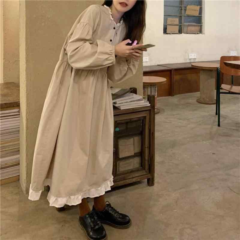 ワンピース 女性用 プラスサイズ 秋冬 中長丈 直筒 仙女スカート ハルネデザイン フリル ボタン プリーツ ハングネック 長袖 ルーズフィット 伸縮性 ポリエステル 日常使い 街頭スタイル ヨーロッパ風 アンズカラ