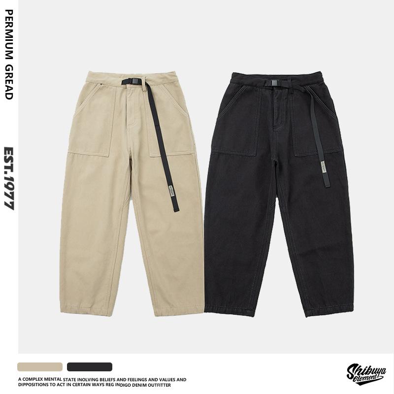 パンツ 男性用 日系 ワークパンツ カーゴパンツ ワイドパンツ ストレート ズボン コットン 綿100％ 厚手 秋冬 カジュアル 普段使い アウトドア ブラック カーキ