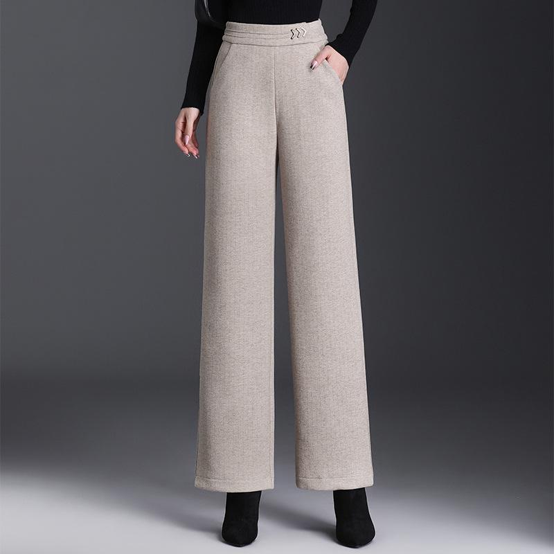 パンツ レディース 羊毛 ウール テーパードパンツ 秋冬 ハイウエスト 美脚 厚手 ゆったり ストレート ズボン 伸縮性 ポケット付き ポリエステル コーヒー色 ベージュ M L XL 2L 3L 4L｜イーマイショップ