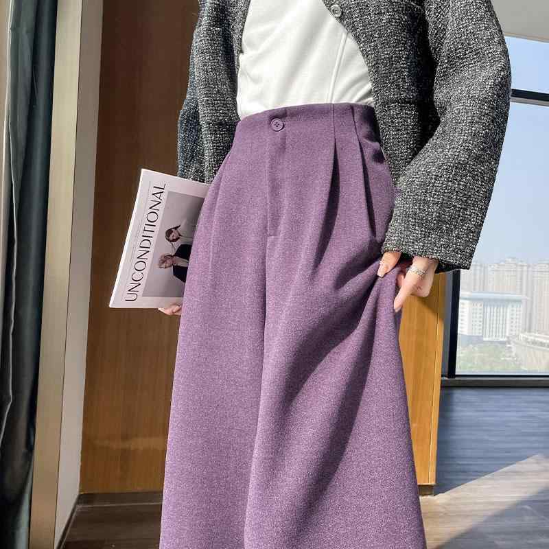 パンツ レディース 秋冬 パープル系 毛織 テーパードパンツ ワイドレッグ ゆったり リラックス ミディアム丈 ポケット付き オフィス カジュアル スタイル