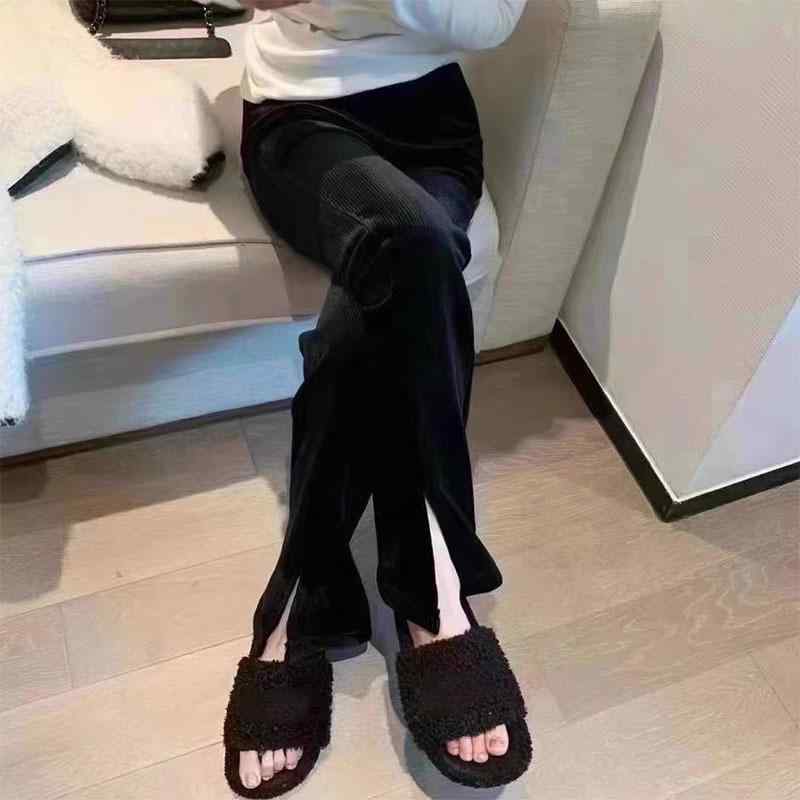 パンツ レディース 秋冬 高見え スタイルアップ ベルボトム コーデュロイパンツ スリット 黒 ブラック 美脚 脚長 ロングパンツ カジュアル きれいめ お洒落 お腹引き締め
