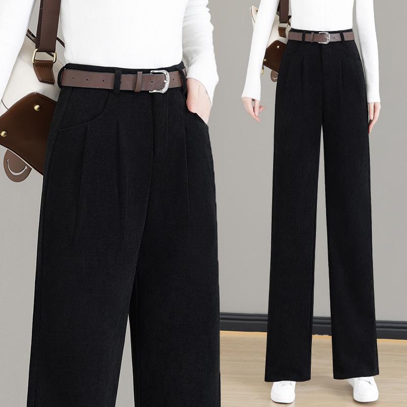 パンツ レディース コーデュロイ ワイドレッグパンツ 秋冬 高見え 高身長 小柄 高腰 伸縮性 普段使い 通勤 あったか 裏起毛 ポリエステル レッド ブラック系