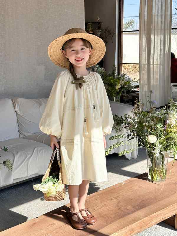 子供服 ワンピース 女の子 春 長袖 Aライン 膝丈 無地 森ガール かわいい おしゃれ 普段着 お出かけ 杏色
