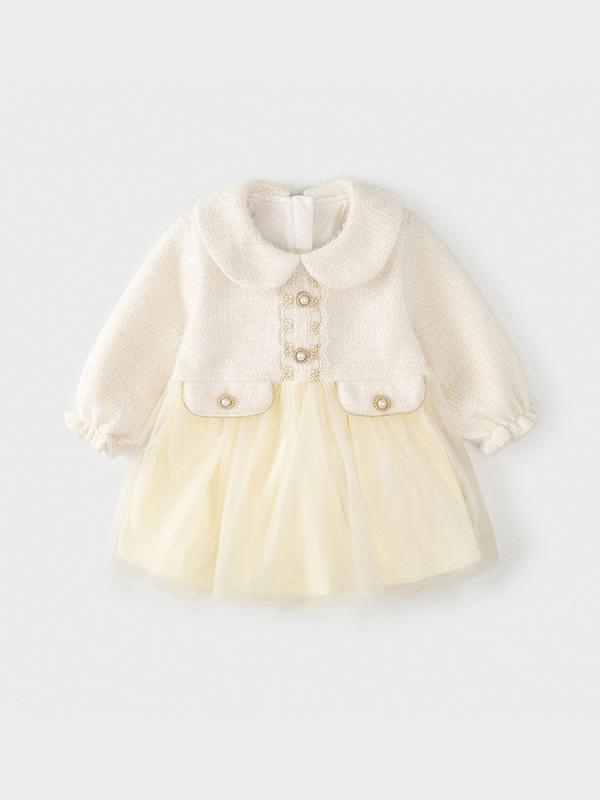 ワンピース ベビー・キッズ 秋冬物 長袖 Aクラス 1歳 2歳 3歳 4歳 裏起毛 プリンセス ベージュ ポリエステル チュールスカート ストライプ 無地 80cm 90cm 100cm 110cm 欧米風