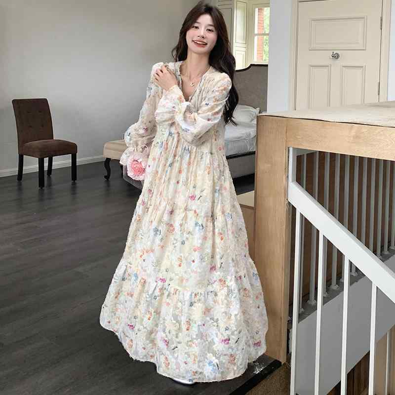 ワンピース レディース 春秋 韓国風 Aライン Vネック 長袖 花柄 高腰 着痩せ かわいい 清楚 7分袖 ポリエステル｜イーマイショップ